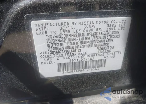 2016 Nissan Sentra Fe+ S/S/Sl/Sr/Sv z USA, uszkodzony, nr VIN 3N1AB7AP8GL646163